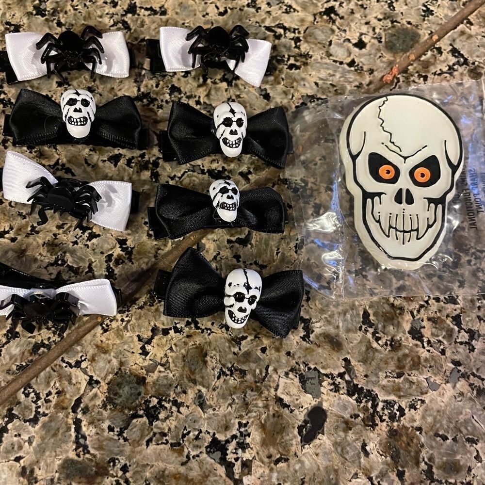 Skeleton and Spider Metal Hair Bows and Hallmark Skeleton Pin